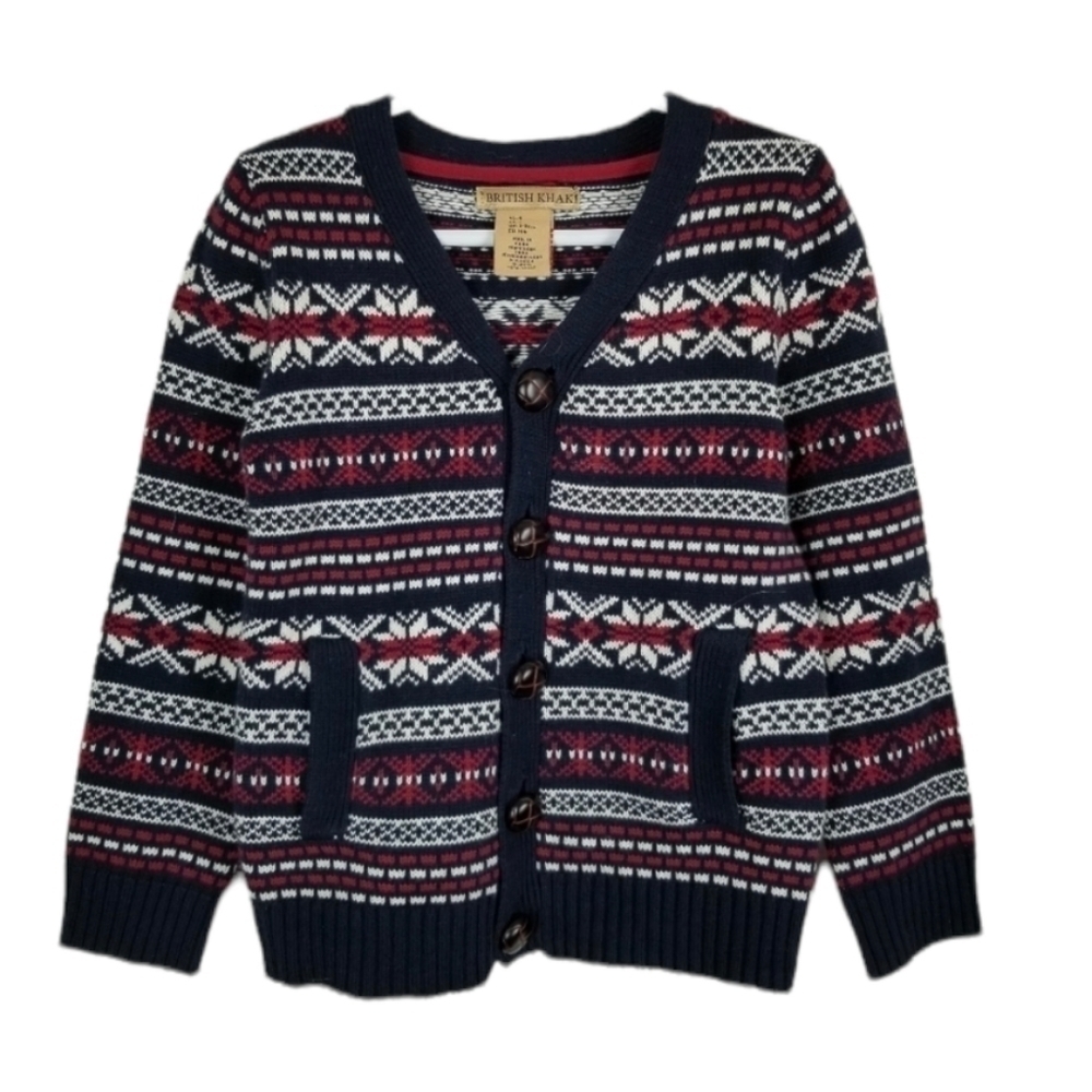 British Khaki Fair Isle Cardigan Sweater Button Pockets Red White Blue Unisex 4